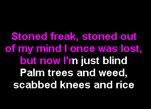 Stoned freak, stoned out
of my mind I once was lost,
but now I'm just blind
Palm trees and weed,
scabbed knees and rice