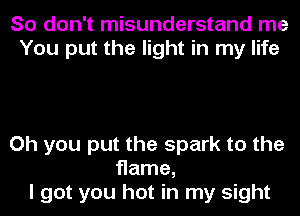 So don't misunderstand me
You put the light in my life

Oh you put the spark to the
flame,
I got you hot in my sight