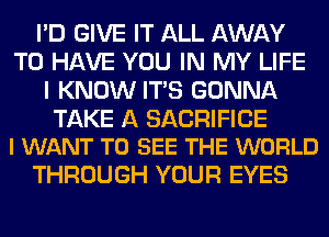 I'D GIVE IT ALL AWAY
TO HAVE YOU IN MY LIFE
I KNOW ITS GONNA

TAKE A SACRIFICE
I WANT TO SEE THE WORLD

THROUGH YOUR EYES