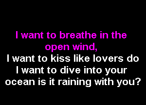 I want to breathe in the
open wind,
I want to kiss like lovers do
I want to dive into your
ocean is it raining with you?