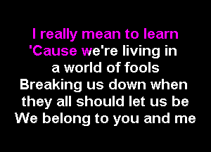 I really mean to learn
'Cause we're living in
a world of fools
Breaking us down when
they all should let us be
We belong to you and me