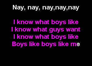 Nay, nay, nay,nay,nay

I know what boys like
I know what guys want
I know what boys like
Boys like boys like me