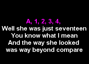 A, 1, 2, 3, 4,
Well she was just seventeen
You know what I mean
And the way she looked
was way beyond compare