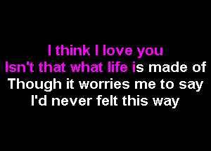 I think I love you
Isn't that what life is made of
Though it worries me to say
I'd never felt this way