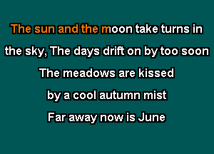 The sun and the moon take turns in
the sky, The days drift on by too soon
The meadows are kissed
by a cool autumn mist

Far away now is June