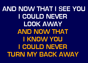 AND NOW THAT I SEE YOU
I COULD NEVER
LOOK AWAY
AND NOW THAT
I KNOW YOU
I COULD NEVER
TURN MY BACK AWAY