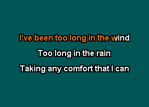 I've been too long in the wind

Too long in the rain

Taking any comfort that I can