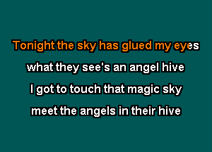 Tonight the sky has glued my eyes
what they see's an angel hive
I got to touch that magic sky

meet the angels in their hive