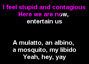 I feel stupid and contagious
Here we are now,
entertain us

A mulatto, an albino,
a mosquito, my libido
Yeah, hey, yay
