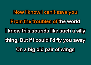 Now I know I can't save you
From the troubles of the world
I know this sounds like such a silly
thing, But ifl could I'd fly you away

On a big old pair ofwings
