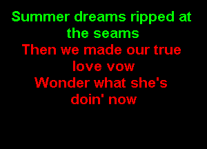 Summer dreams ripped at
the seams
Then we made our true
love vow

Wonder what she's
doin' now