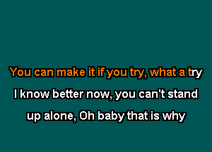 You can make it ifyou try, what a try

I know better now, you can't stand

up alone, Oh baby that is why