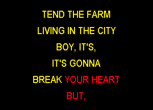 TEND THE FARM
LIVING IN THE CITY
BOY, IT'S,

IT'S GONNA
BREAK YOUR HEART
BUT,