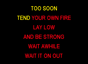 TOO SOON
TEND YOUR OWN FIRE
LAY LOW

AND BE STRONG
WAIT AWHILE
WAIT IT ON OUT