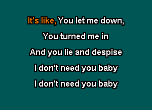 It's like, You let me down,
You turned me in
And you lie and despise

I don't need you baby

I don't need you baby