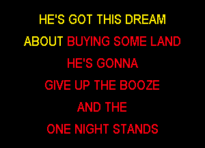 HE'S GOT THIS DREAM
ABOUT BUYING SOME LAND
HE'S GONNA
GIVE UP THE BOOZE
AND THE

ONE NIGHT STANDS l