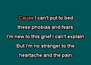 'Cause I can't put to bed
these phobias and fears

I'm new to this griefl can't explain
But I'm no stranger to the

heartache and the pain