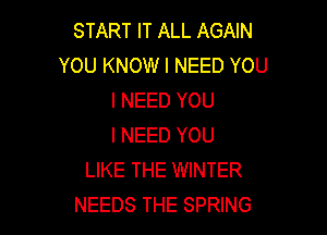 START IT ALL AGAIN
YOU KNOW I NEED YOU
I NEED YOU

I NEED YOU
LIKE THE WINTER
NEEDS THE SPRING