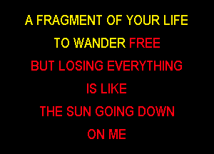 A FRAGMENT OF YOUR LIFE
TO WANDER FREE
BUT LOSING EVERYTHING
IS LIKE
THE SUN GOING DOWN
ON ME