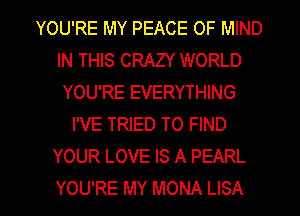 YOU'RE MY PEACE OF MIND
IN THIS CRAZY WORLD
YOU'RE EVERYTHING

I'VE TRIED TO FIND
YOUR LOVE IS A PEARL

YOU'RE MY MONA LISA l