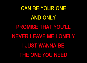 CAN BE YOUR ONE
AND ONLY
PROMISE THAT YOU'LL
NEVER LEAVE ME LONELY
IJUST WANNA BE

THE ONE YOU NEED l