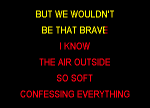 BUT WE WOULDN'T
BE THAT BRAVE
I KNOW

THE AIR OUTSIDE
SO SOFT
CONFESSING EVERYTHING