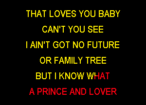 THAT LOVES YOU BABY
CAN'T YOU SEE
IAIN'T GOT N0 FUTURE

0R FAMILY TREE
BUT I KNOW WHAT
A PRINCE AND LOVER