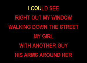 I COULD SEE
RIGHT OUT MY WINDOW
WALKING DOWN THE STREET
MY GIRL
WITH ANOTHER GUY
HIS ARMS AROUND HER