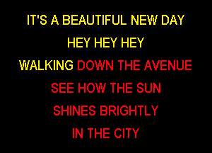 IT'S A BEAUTIFUL NEW DAY
HEY HEY HEY
WALKING DOWN THE AVENUE
SEE HOW THE SUN
SHINES BRIGHTLY
IN THE CITY