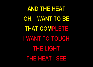 AND THE HEAT
OH, I WANT TO BE
THAT COMPLETE

I WANT TO TOUCH
THE LIGHT
THE HEAT I SEE