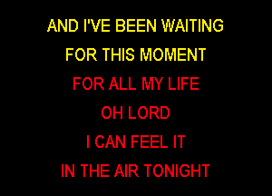 AND I'VE BEEN WAITING
FOR THIS MOMENT
FOR ALL MY LIFE

0H LORD
I CAN FEEL IT
IN THE AIR TONIGHT