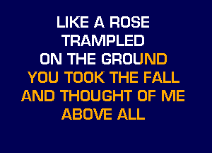 LIKE A ROSE
TRAMPLED
ON THE GROUND
YOU TOOK THE FALL
AND THOUGHT OF ME
ABOVE ALL