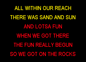ALL WITHIN OUR REACH
THERE WAS SAND AND SUN
AND LOTSA FUN
WHEN WE GOT THERE
THE FUN REALLY BEGUN
SO WE GOT ON THE ROCKS