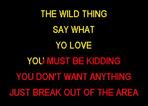 THE WILD THING
SAY WHAT
YO LOVE
YOU MUST BE KIDDING
YOU DON'T WANT ANYTHING
JUST BREAK OUT OF THE AREA
