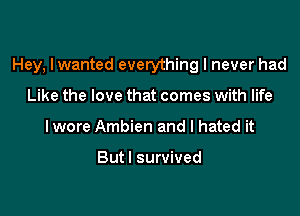 Hey, lwanted everything I never had

Like the love that comes with life
lwore Ambien and I hated it

Butl survived