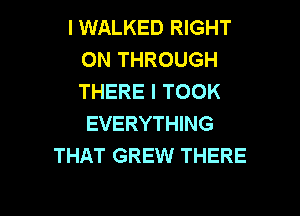 I WALKED RIGHT
ON THROUGH
THERE I TOOK

EVERYTHING
THAT GREW THERE