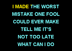 I MADE THE WORST
MISTAKE ONE FOOL
COULD EVER MAKE
TELL ME IT'S
NOT TOO LATE

WHAT CAN I DO I