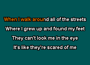 When I walk around all ofthe streets
Where I grew up and found my feet
They can't look me in the eye

It's like they're scared of me