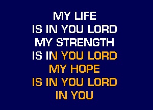MY LIFE
IS IN YOU LORD
MY STRENGTH

IS IN YOU LORD
MY HOPE
IS IN YOU LORD
IN YOU