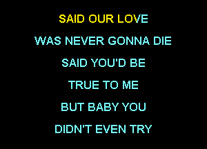 SAID OUR LOVE
WAS NEVER GONNA DIE
SAID YOU'D BE

TRUE TO ME
BUT BABY YOU
DIDN'T EVEN TRY