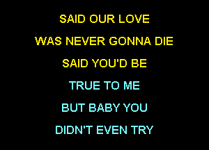 SAID OUR LOVE
WAS NEVER GONNA DIE
SAID YOU'D BE

TRUE TO ME
BUT BABY YOU
DIDN'T EVEN TRY