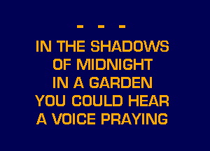 IN THE SHADOWS
OF MIDNIGHT

IN A GARDEN
YOU COULD HEAR
A VOICE PRAYING