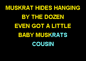 MUSKRAT HIDES HANGING
BY THE DOZEN
EVEN GOT A LITTLE
BABY MUSKRATS
COUSIN