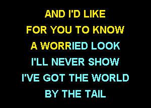 AND I'D LIKE
FOR YOU TO KNOW
A WORRIED LOOK
I'LL NEVER SHOW
I'VE GOT THE WORLD
BY THE TAIL