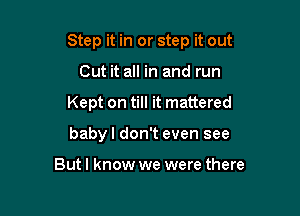 Step it in or step it out

Cut it all in and run
Kept on till it mattered
baby I don't even see

But I know we were there