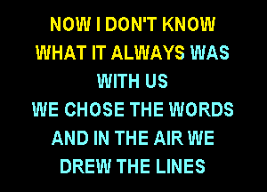 NOW I DON'T KNOW
WHAT IT ALWAYS WAS
WITH US
WE CHOSE THE WORDS
AND IN THE AIR WE
DREW THE LINES