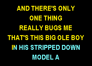 AND THERE'S ONLY
ONE THING
REALLY BUGS ME
THAT'S THIS BIG OLE BOY
IN HIS STRIPPED DOWN
MODEL A