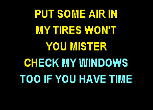 PUT SOME AIR IN
MY TIRES WON'T
YOU MISTER

CHECK MY WINDOWS
T00 IF YOU HAVE TIME