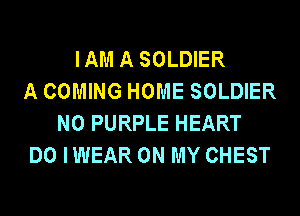 IAM A SOLDIER
A COMING HOME SOLDIER
N0 PURPLE HEART
DO IWEAR ON MY CHEST