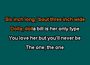 Six inch long, 'bout three inch wide

Dolla, dolla bill is her only type

You love her but you'll never be

The one, the one